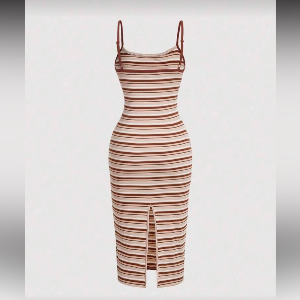 Striped Bodycon Midi Dress in Brown and Cream - Picture 2 of 3